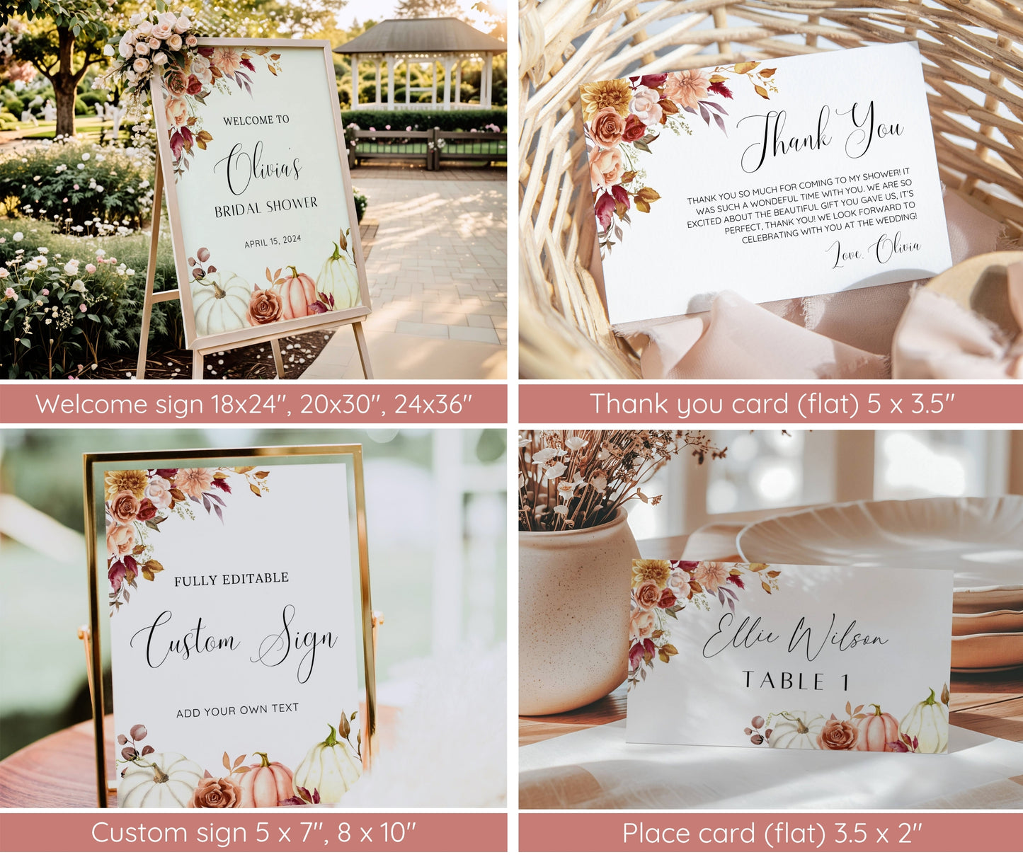 Fall in Love Bridal Shower Bundle | Autumn Bridal Shower Invitation & Games | Rust Burgundy Floral Pumpkin Decor | Editable Canva Template