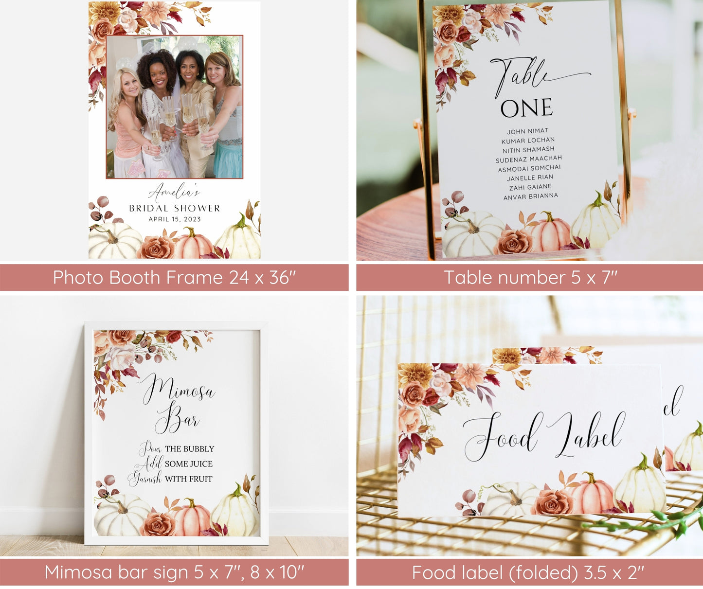Fall in Love Bridal Shower Bundle | Autumn Bridal Shower Invitation & Games | Rust Burgundy Floral Pumpkin Decor | Editable Canva Template