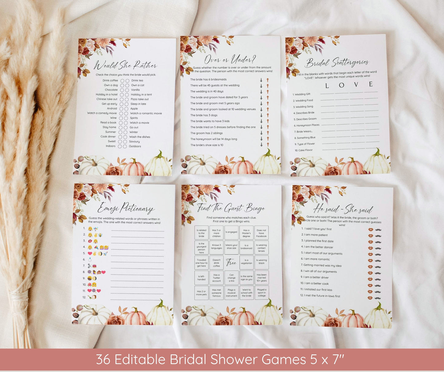 Fall in Love Bridal Shower Bundle | Autumn Bridal Shower Invitation & Games | Rust Burgundy Floral Pumpkin Decor | Editable Canva Template