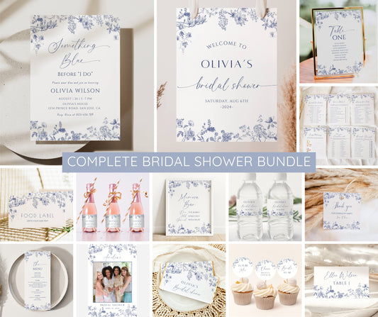 Something Blue Bridal Shower Invitation Bundle, Vintage Blue Floral Bridal Shower Invite Template, Victorian, Chinoiserie Decor, EDITABLE