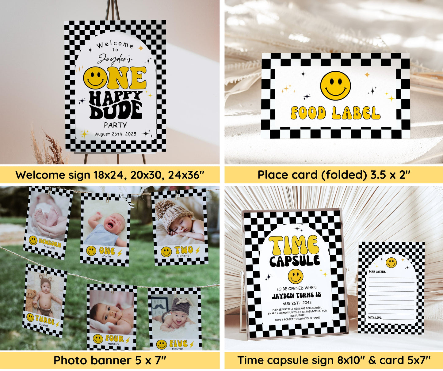 One Happy Dude Birthday Invitation Bundle, Editable Retro One Happy Dude First Birthday Invite Boy, Smiley Face Party Template, Printable