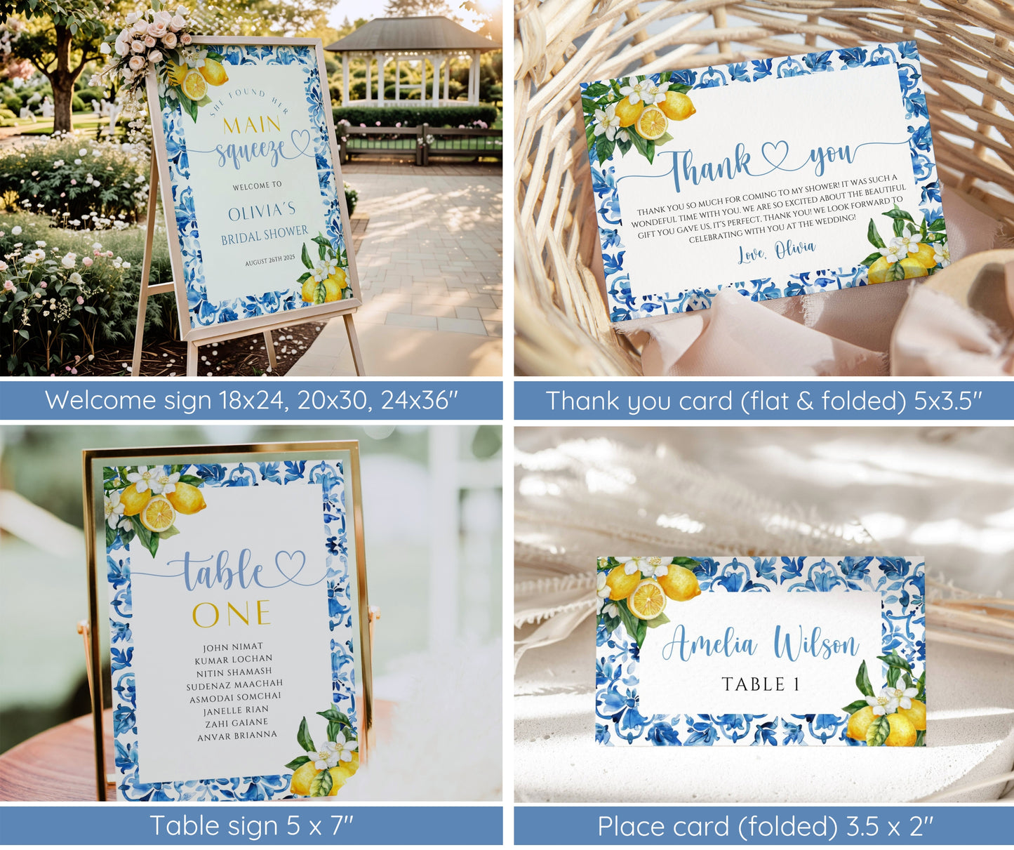 Mediterranean Lemon Bridal Shower Invitation Bundle, Main Squeeze Bridal Invite & Games, Italian Blue Tiles Amalfi Coast, Editable Template