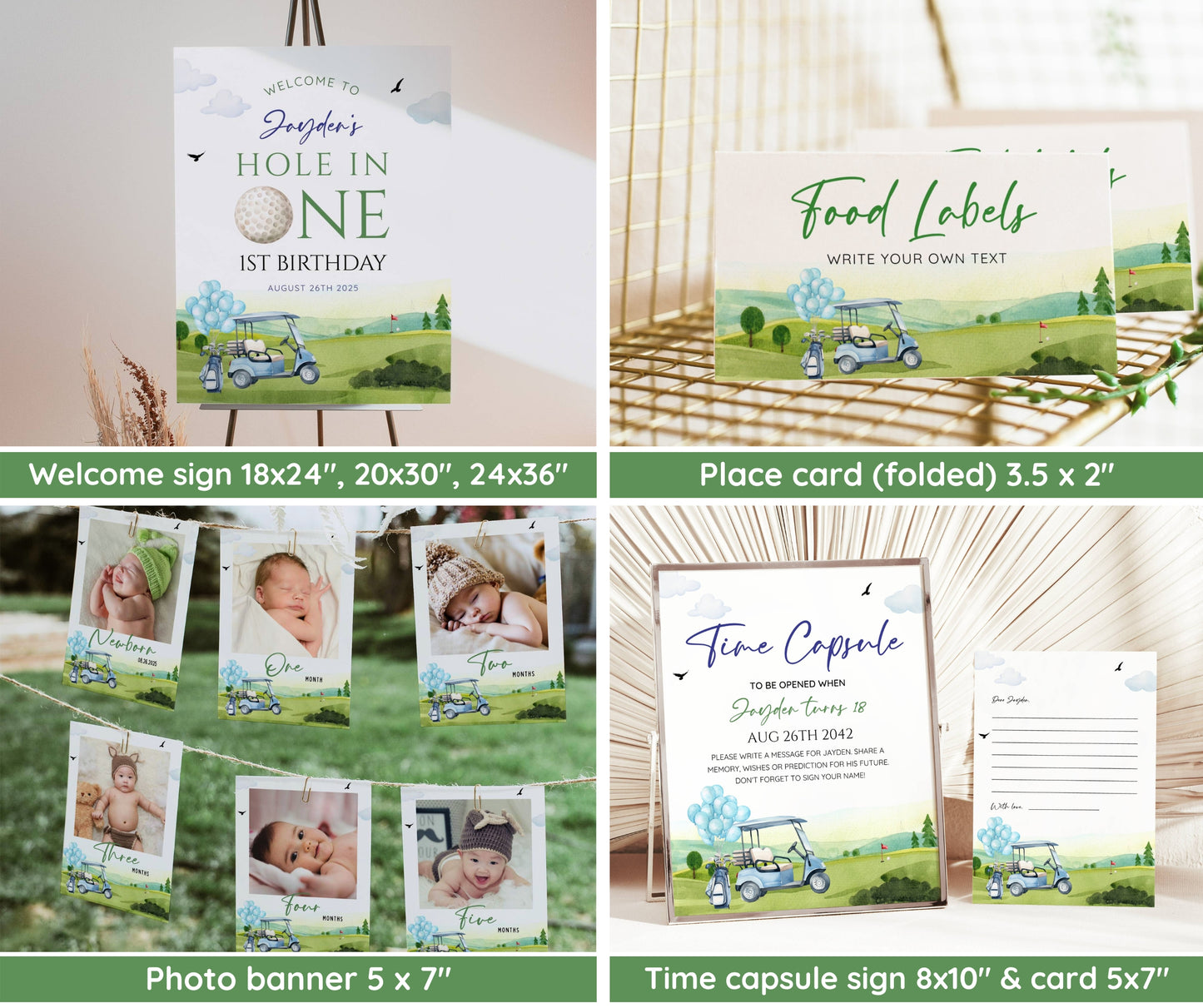 Hole in One First Birthday Invitation Bundle, Golf Par-Tee Invite Set for Boy, Milestone & Welcome Sign, Editable Template, Instant Download