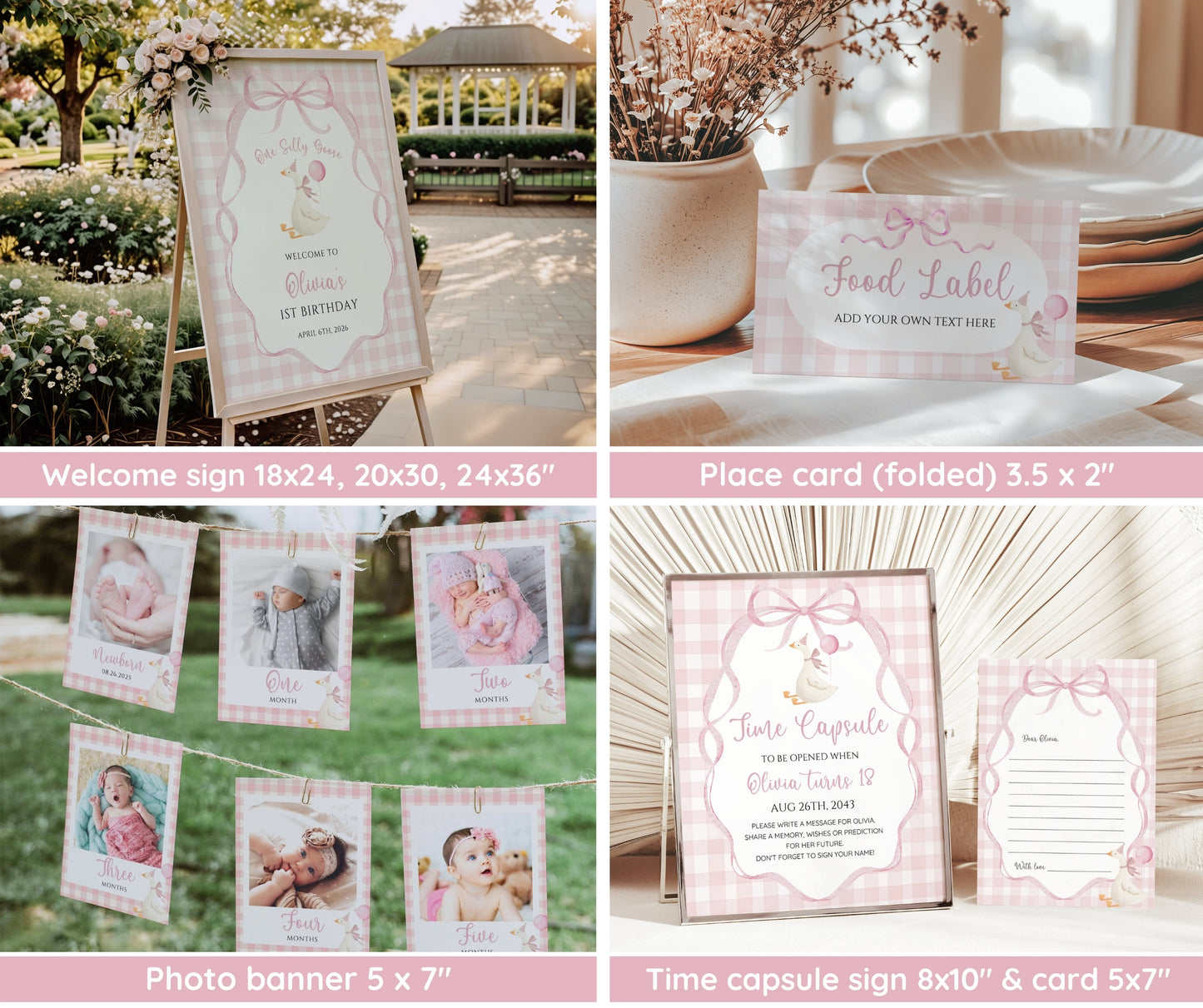 One Silly Goose Birthday Bundle, Pink Bow Goose 1st Birthday Invitation Template, Coquette Gingham Girl First Birthday Decor, Editable Canva