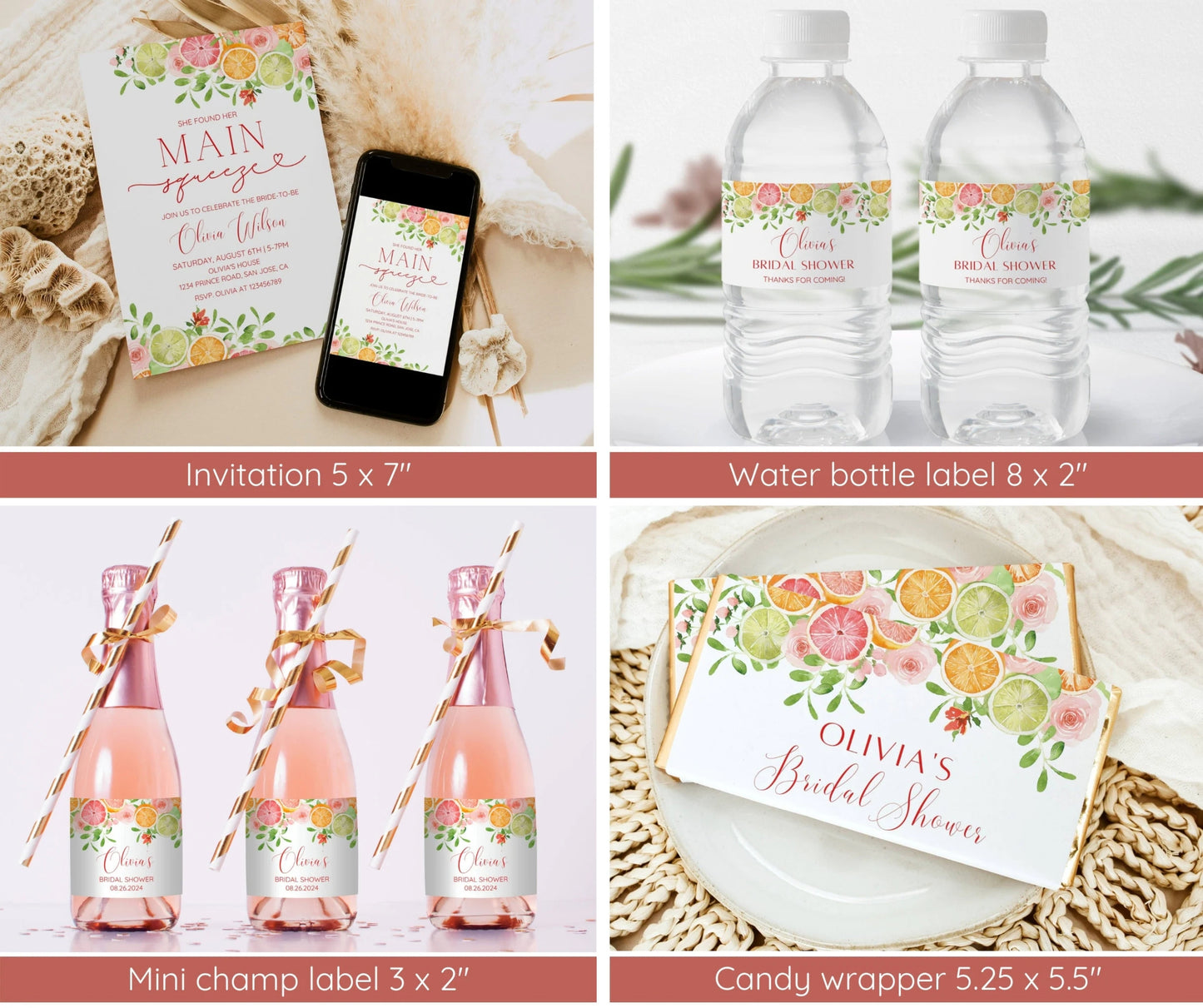 Citrus Bridal Shower Invitation Bundle | She Found Her Main Squeeze | Orange Floral Summer Bridal Brunch Template | Editable Canva Instant Download