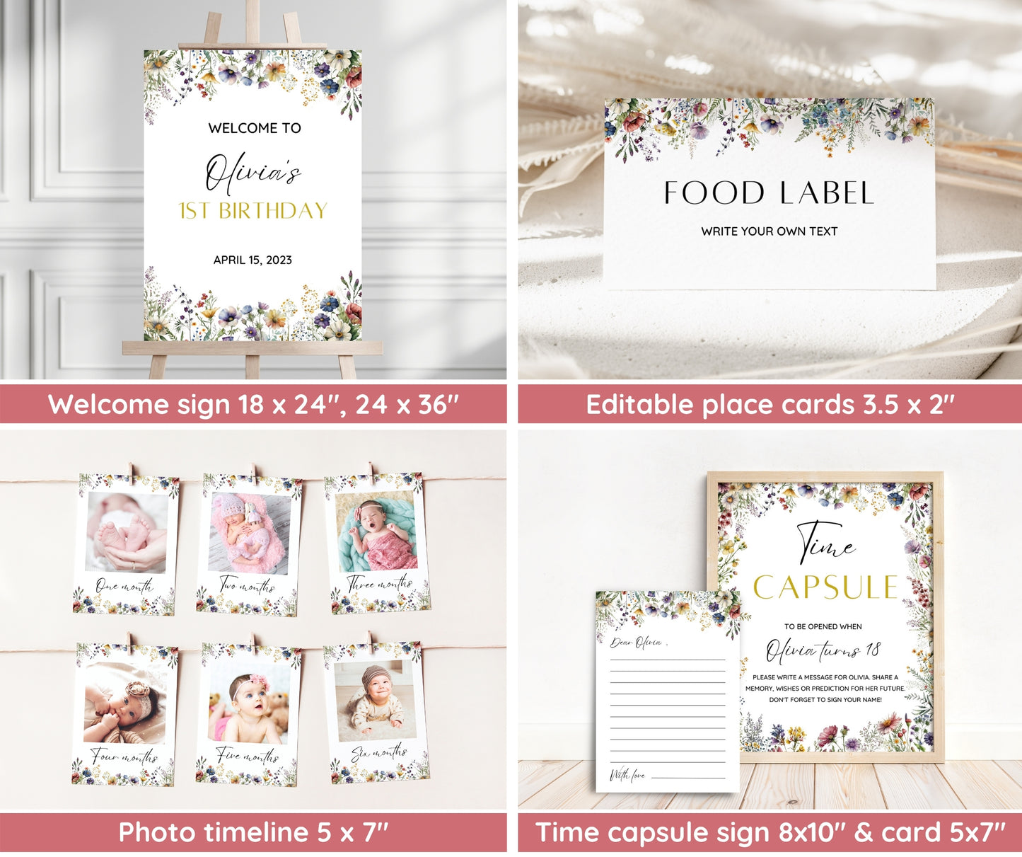 Wildflower Birthday Invitation Bundle, Wildflower First Birthday Invitation, Girl 1st Birthday, First Birthday Decorations, Wildflower