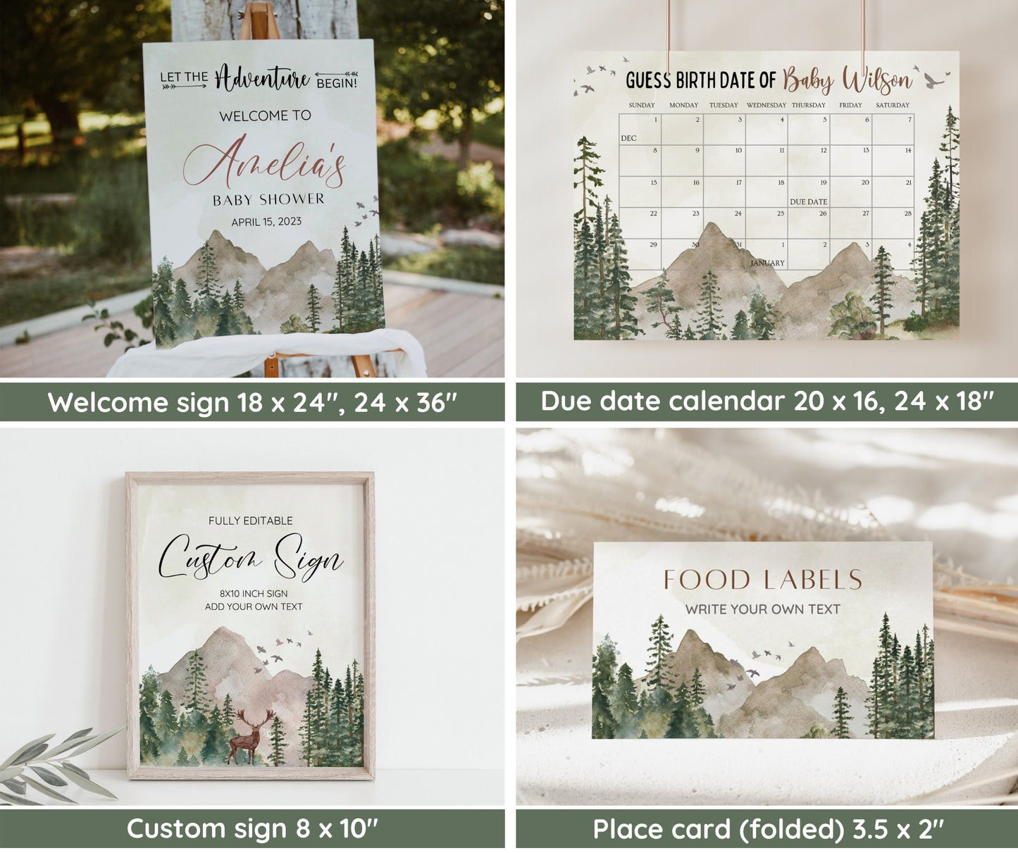 Let the Adventure Begin Baby Shower Invitation Bundle, Woodland Baby Shower Invite Pack, Forest Mountain Tree Gender Neutral Decor Printable
