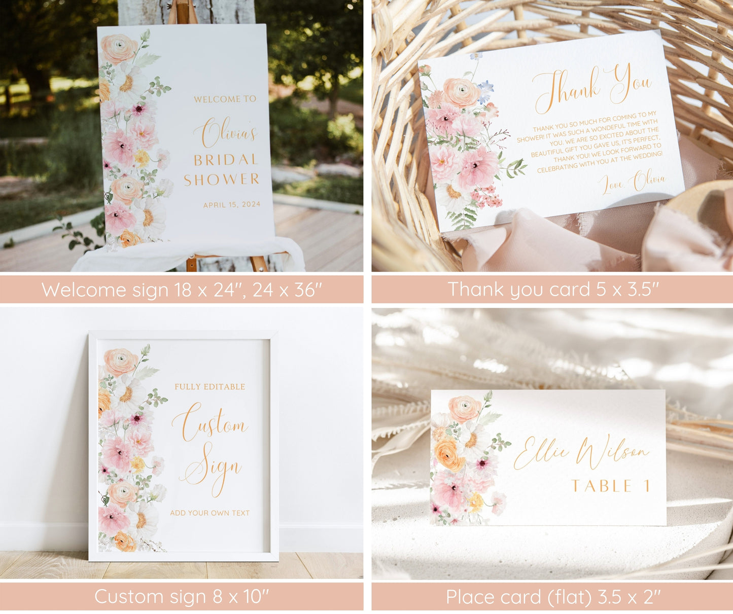 Pink Floral Bridal Shower Invitation Bundle | Love In Bloom Bridal Shower Invite Template | Games Bundle, Welcome Sign | Editable Canva Template | Instant Download