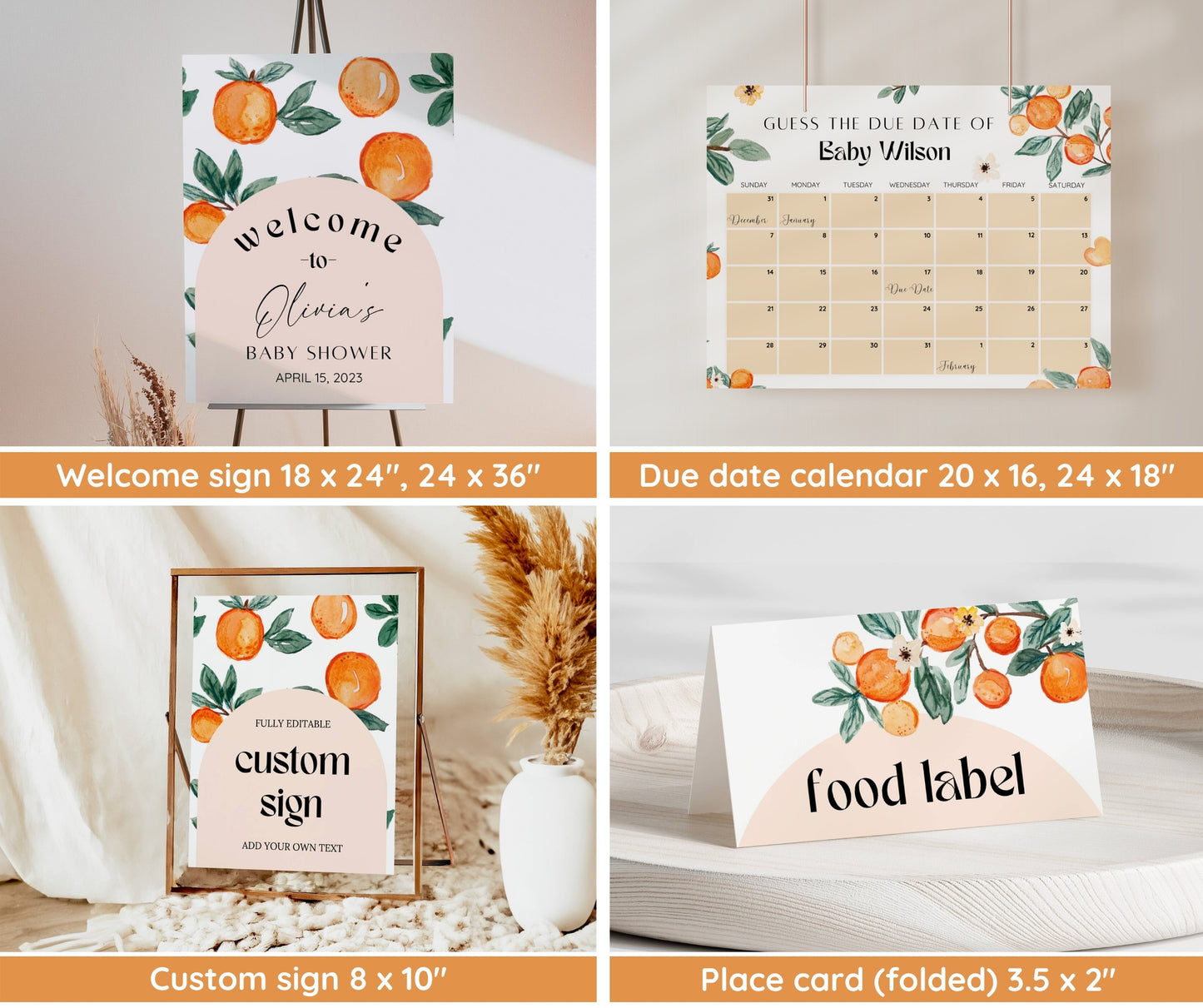Little Cutie Baby Shower Invitation Bundle – Orange Citrus Clementine Invite Suite | Gender Neutral, Editable Template, Instant Download