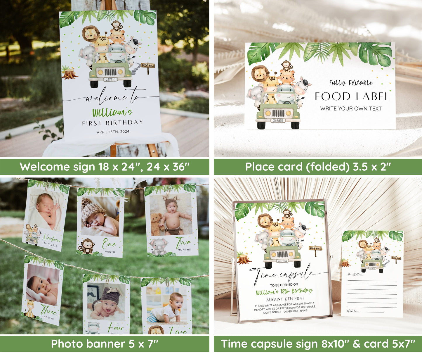 Safari 1st Birthday Bundle, Safari Wild One Birthday Bundle, Safari Animal Invitation Bundle, Editable, 1st Birthday Boy, Welcome, Milestone