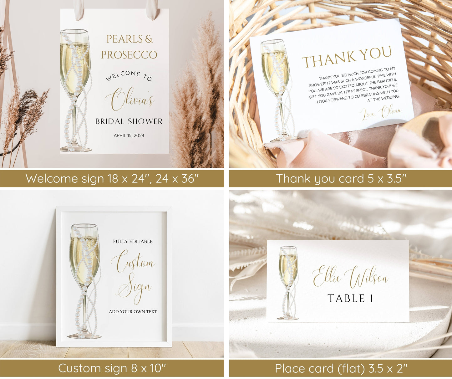 Pearls and Prosecco Bridal Shower Invitation Bundle, Minimalist Pearl Champagne Wedding Shower Invite Template, Welcome Sign, Games EDITABLE