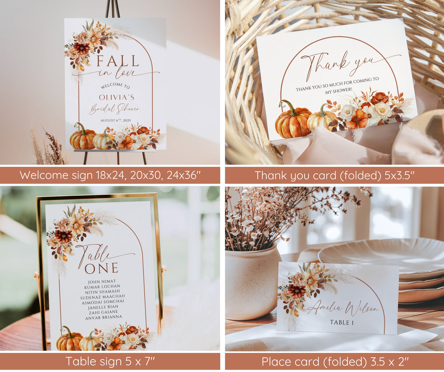 Fall in Love Bridal Shower Invitation Bundle, Pumpkin Bridal Shower Invite & Games, Pampas Floral Autumn Wedding Shower, Editable Template