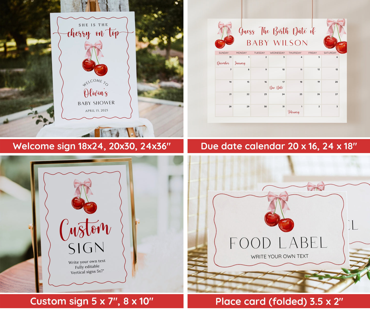 Cherry Baby Shower Invitation Bundle, Cherry on Top Invite Set, Coquette Pink Bow & Berries Girl Baby Shower, Editable Templates, Printable