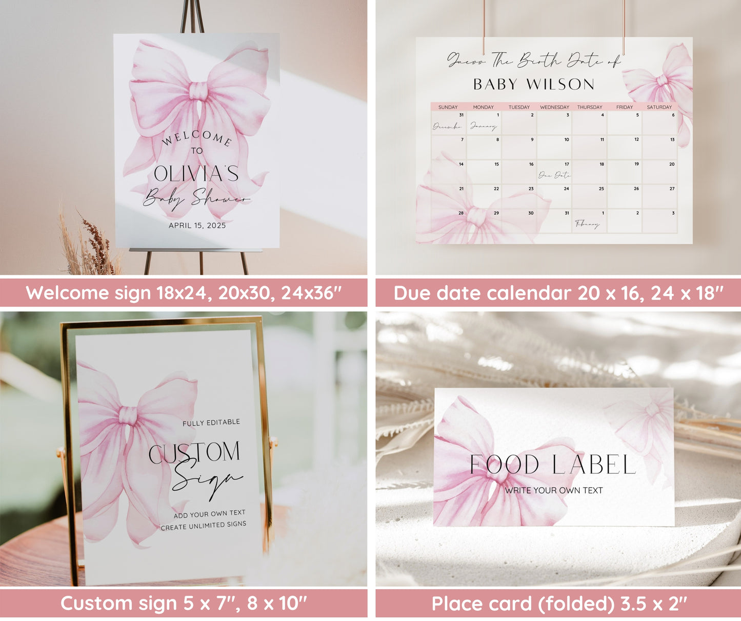 Pink Bow Baby Shower Invitation Bundle, Editable Pink Bow Invitation and Games, Pink Coquette Bow Baby Shower Decoration Baby Girl Printable