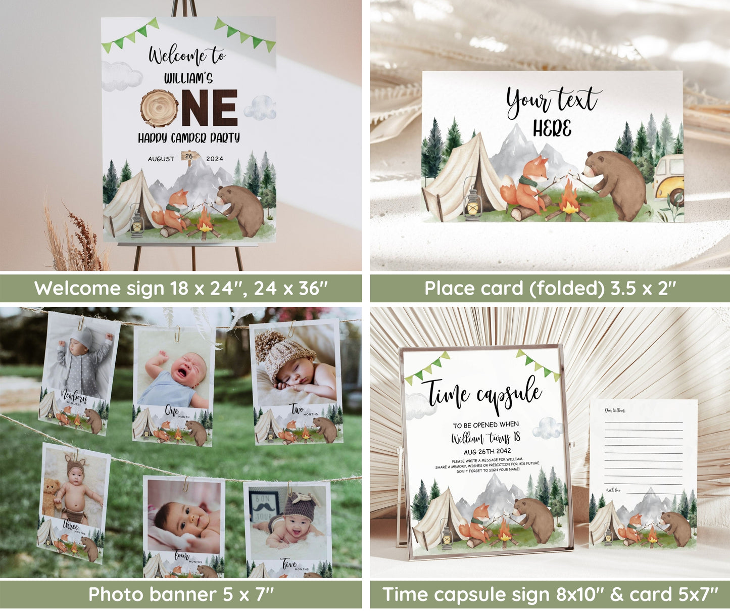 One Happy Camper First Birthday Bundle, Camping Birthday Invitation Template, Camper Party 1st Birthday Boy, Welcome, Milestone, EDITABLE
