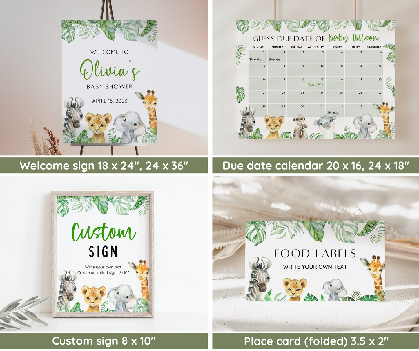 Safari Animal Baby Shower Bundle, Editable Safari Baby Shower Invitation Set, Jungle Animal Baby Shower, Gender Neutral, Digital Download
