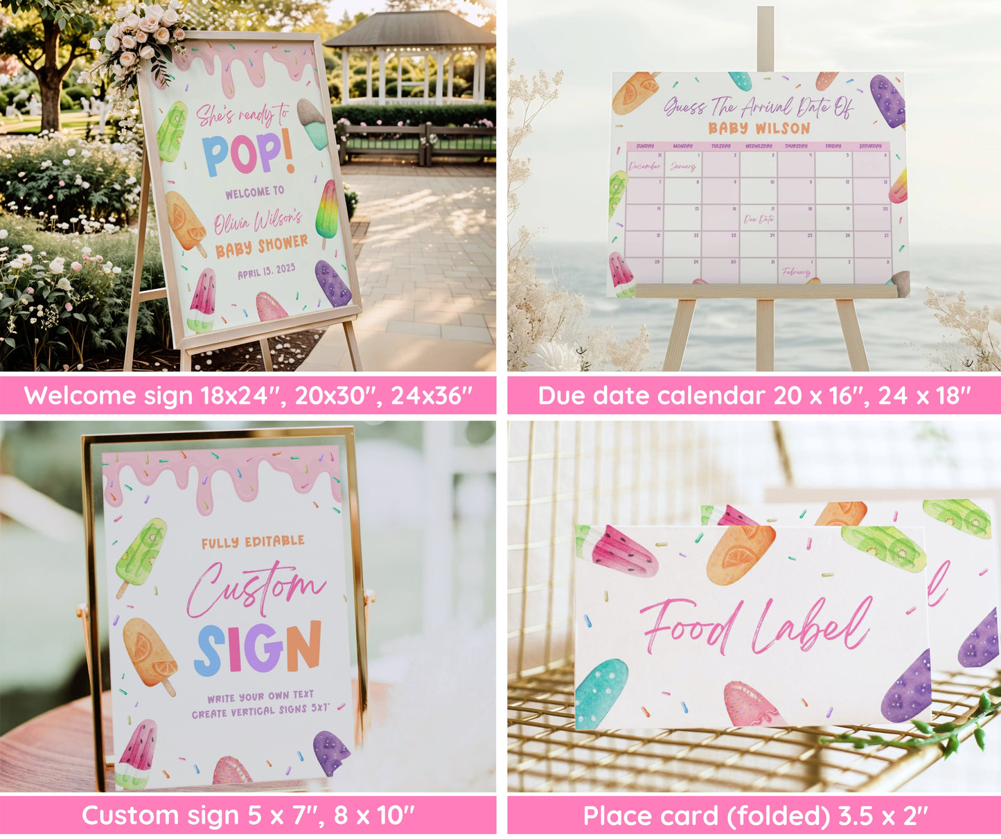 Popsicle Baby Shower Invitation Bundle, She's Ready to Pop Invite & Games, Ice Cream Baby Shower Girl, Editable Canva Template, Printable