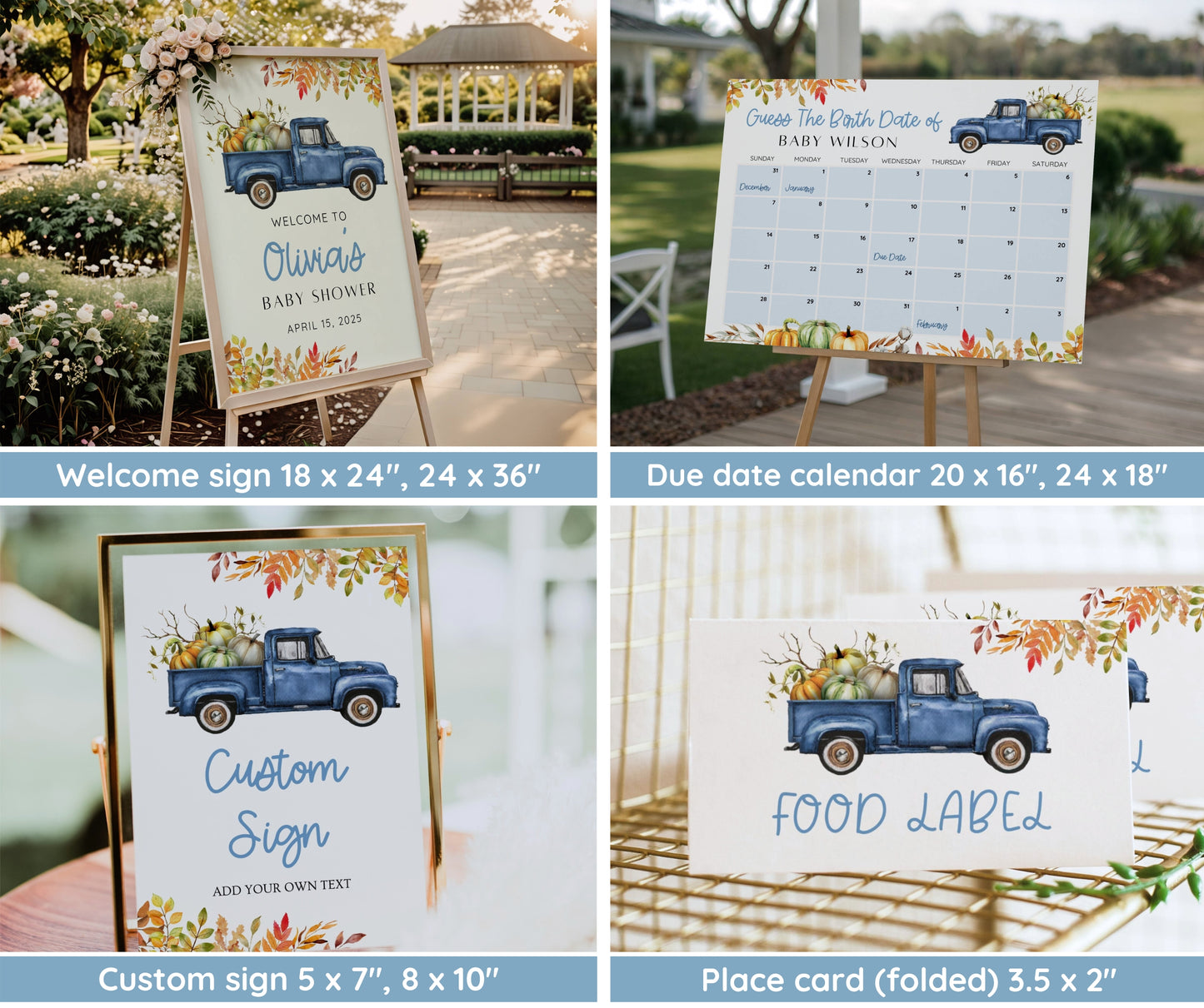 Little Pumpkin Baby Shower Bundle Boy, Blue Truck Fall Baby Shower Invitation & Games, Autumn Baby Sprinkle Decor, Editable Canva Template