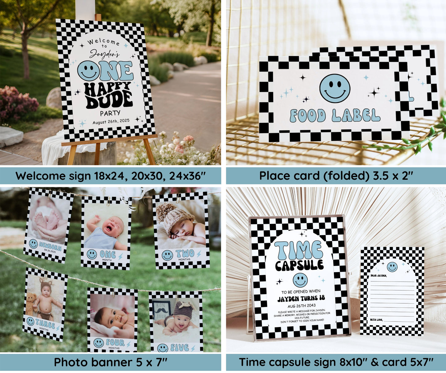 One Happy Dude Birthday Invitation Bundle, Editable Retro One Happy Dude First Birthday Invite Boy, Smiley Face Party Template Blue