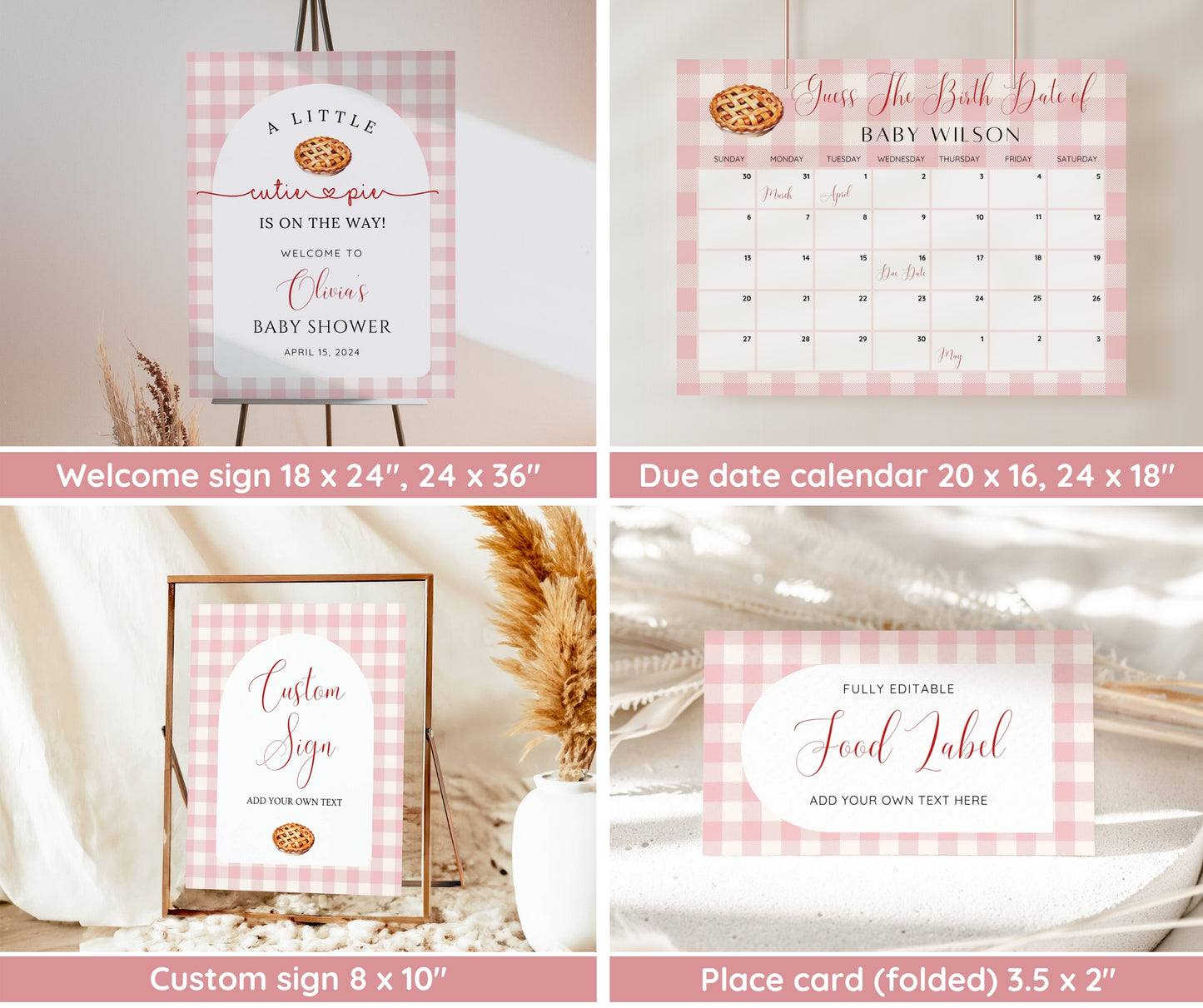 Cutie Pie Baby Shower Bundle Girl, Fall Baby Shower Invitation & Games, Pink Gingham Autumn Baby Shower, Editable Template, Instant Download