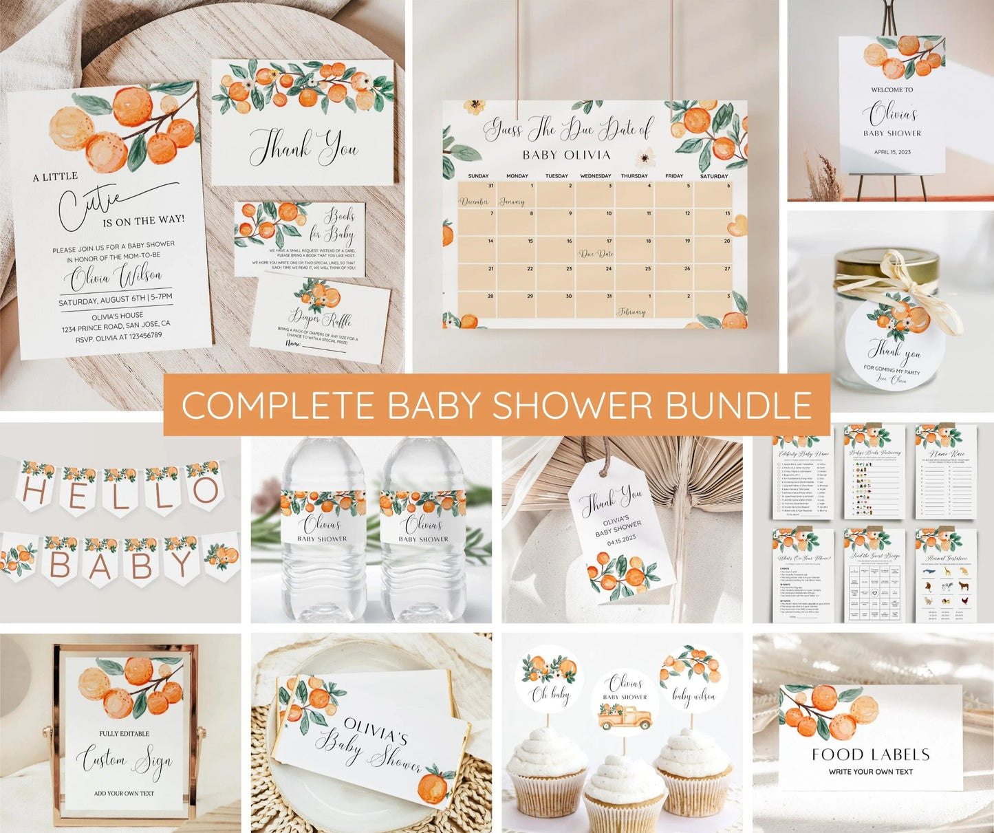 Little Cutie Baby Shower Invitation Bundle, Orange Baby Shower Invitation, Citrus Baby Shower, Editable Template, Printable Baby Shower Game