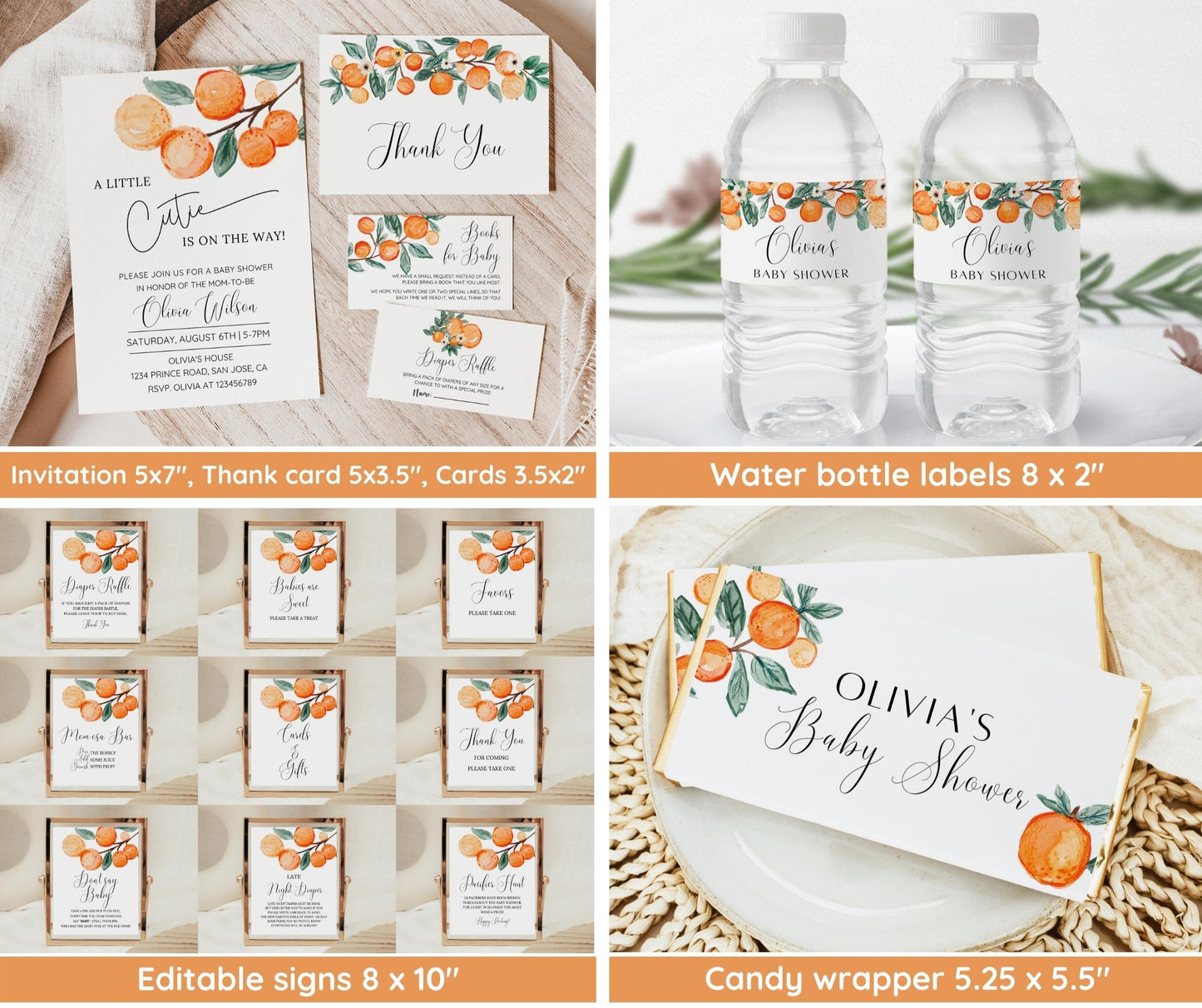 Little Cutie Baby Shower Invitation Bundle, Orange Baby Shower Invitation, Citrus Baby Shower, Editable Template, Printable Baby Shower Game