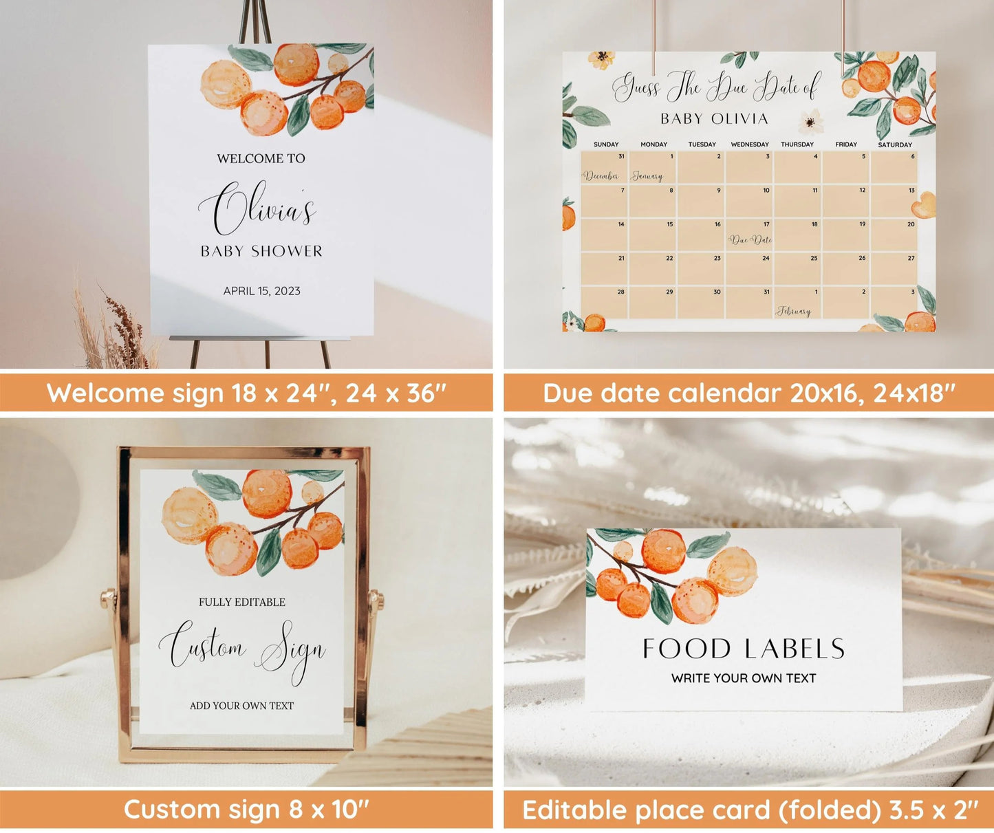 Little Cutie Baby Shower Invitation Bundle, Orange Baby Shower Invitation, Citrus Baby Shower, Editable Template, Printable Baby Shower Game