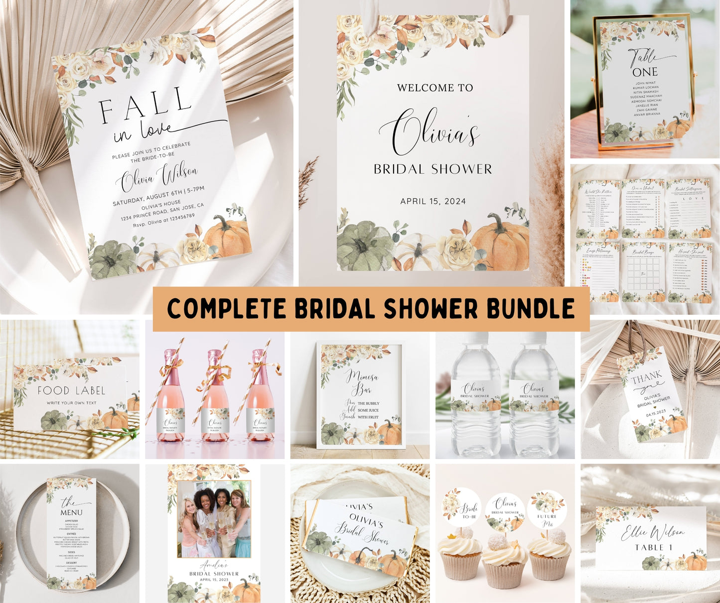 Fall in Love Bridal Shower Bundle, Autumn Bridal Shower Invitation & Games, Floral Pumpkin Wedding Shower Decor, Editable Canva Template