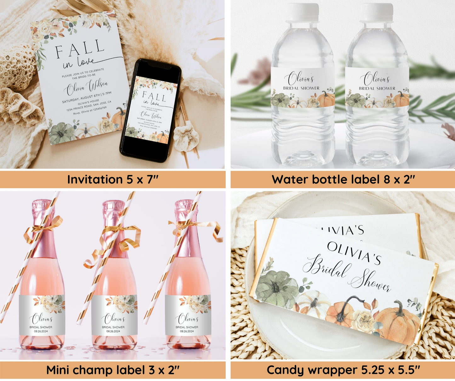 Fall in Love Bridal Shower Bundle, Autumn Bridal Shower Invitation & Games, Floral Pumpkin Wedding Shower Decor, Editable Canva Template