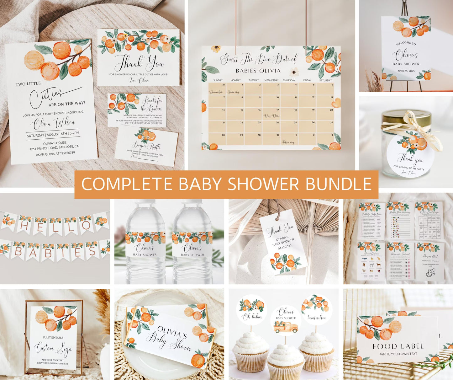 Two Little Cuties Baby Shower Invitation Bundle, Orange Theme Twin Baby Shower Invite, Little Cuties Baby Shower Invitation, Editable