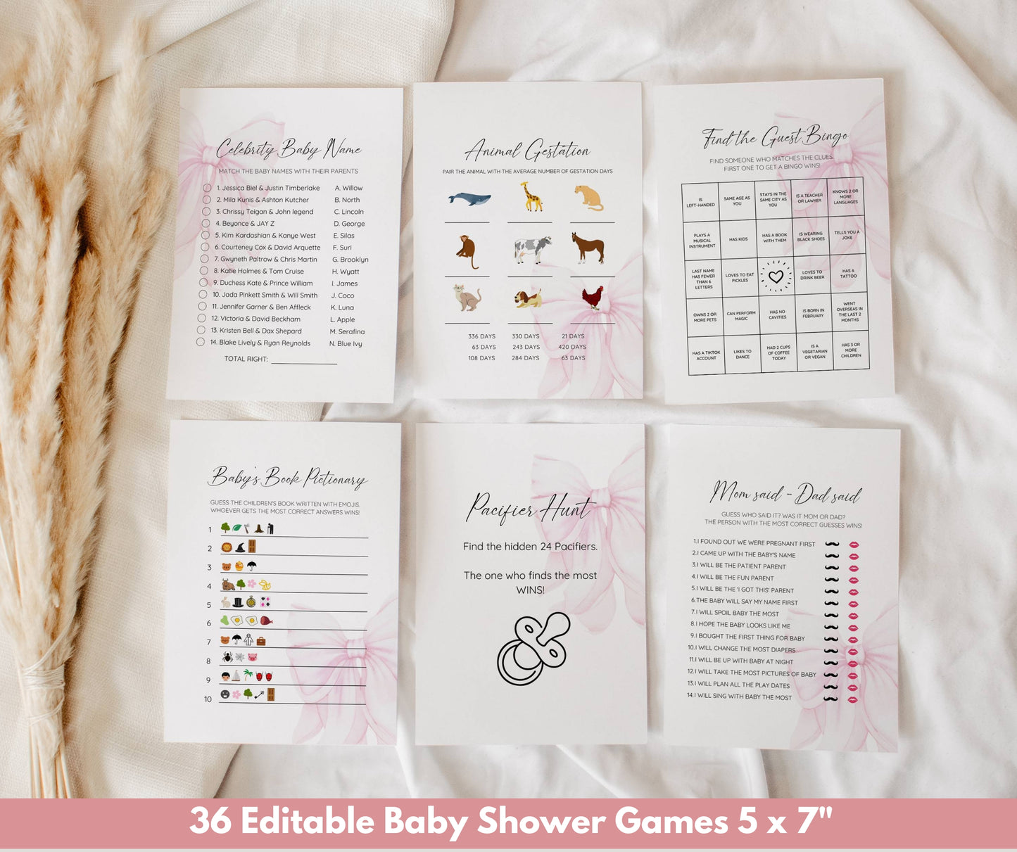 Pink Bow Baby Shower Invitation Bundle, Editable Pink Bow Invitation and Games, Pink Coquette Bow Baby Shower Decoration Baby Girl Printable
