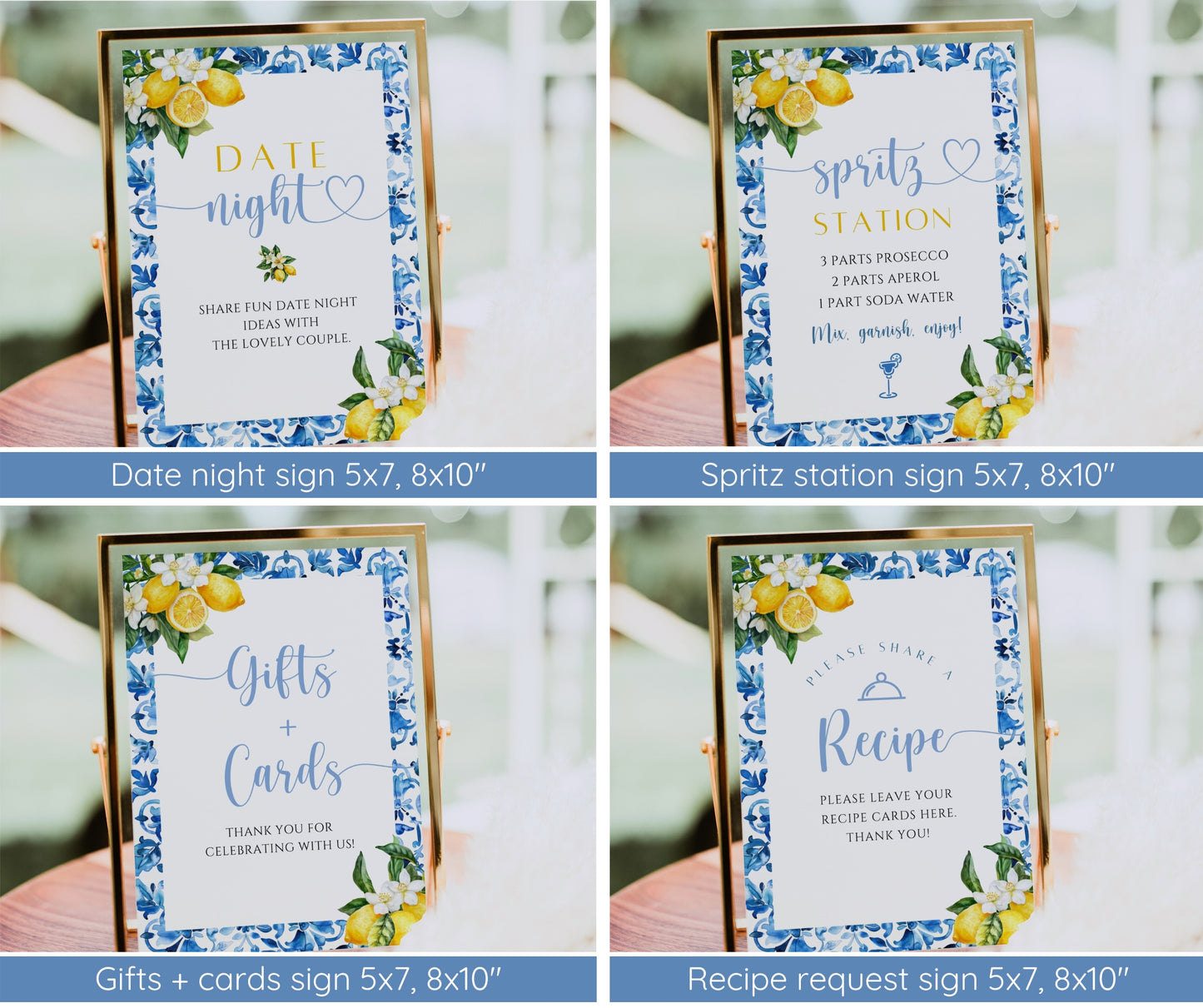 Mediterranean Lemon Bridal Shower Invitation Bundle, Main Squeeze Bridal Invite & Games, Italian Blue Tiles Amalfi Coast, Editable Template