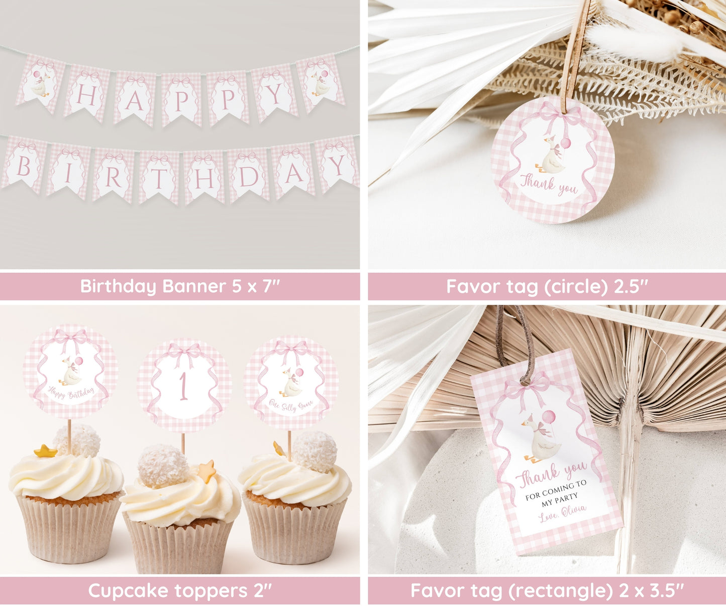 One Silly Goose Birthday Bundle, Pink Bow Goose 1st Birthday Invitation Template, Coquette Gingham Girl First Birthday Decor, Editable Canva