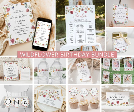 Wildflower Birthday Invitation Bundle, Little Wildflower First Birthday Invite Set, Girl 1st Birthday, First Birthday Decorations, Editable