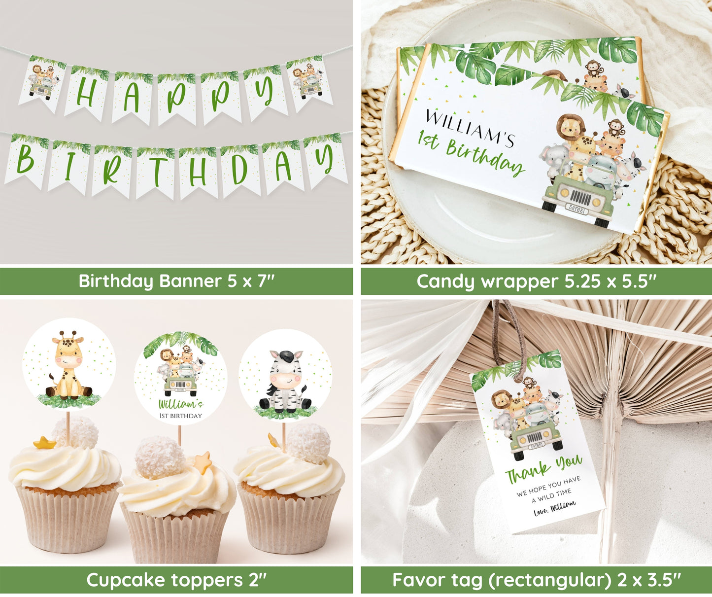 Safari 1st Birthday Bundle, Safari Wild One Birthday Bundle, Safari Animal Invitation Bundle, Editable, 1st Birthday Boy, Welcome, Milestone