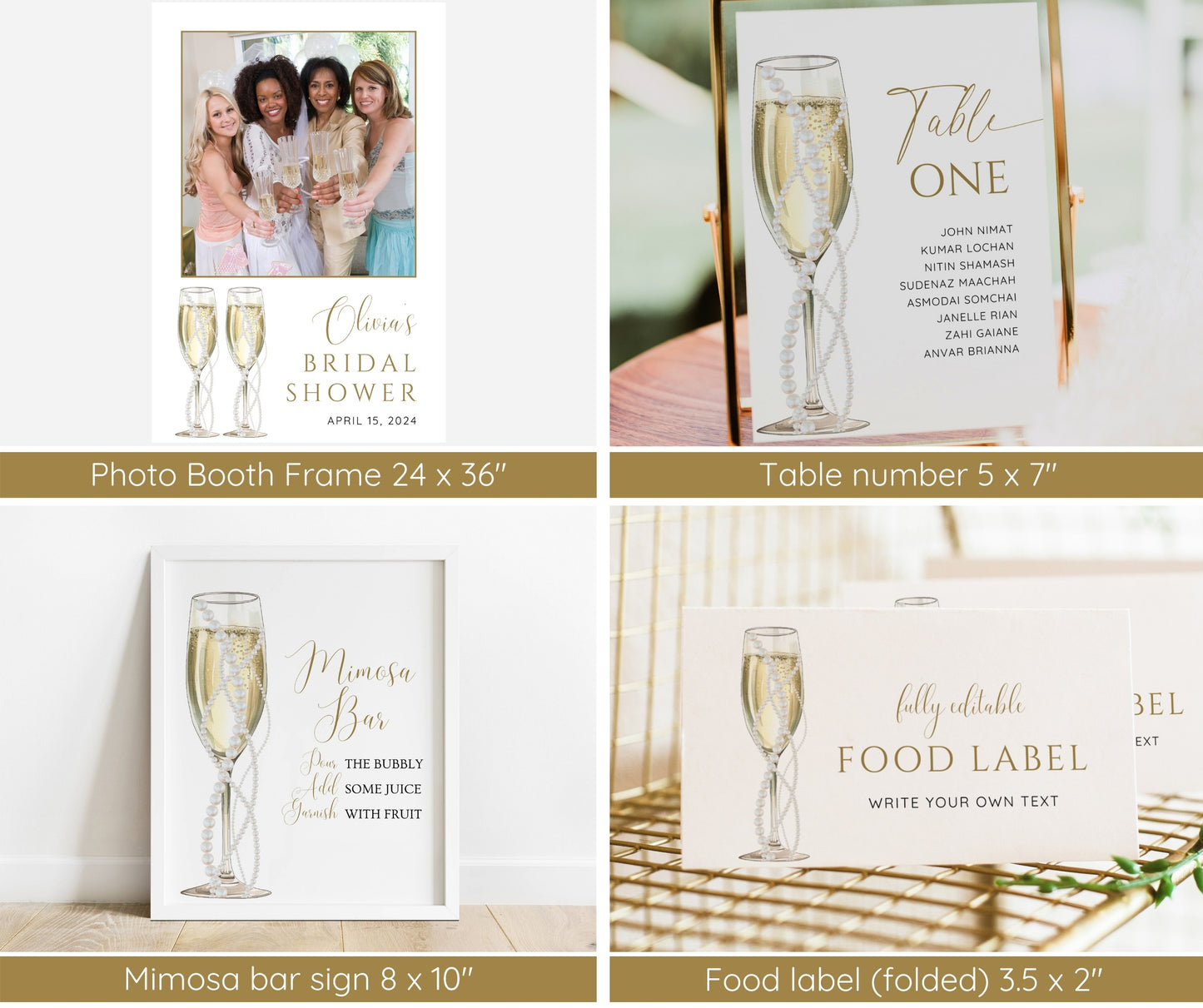 Pearls and Prosecco Bridal Shower Invitation Bundle, Minimalist Pearl Champagne Wedding Shower Invite Template, Welcome Sign, Games EDITABLE