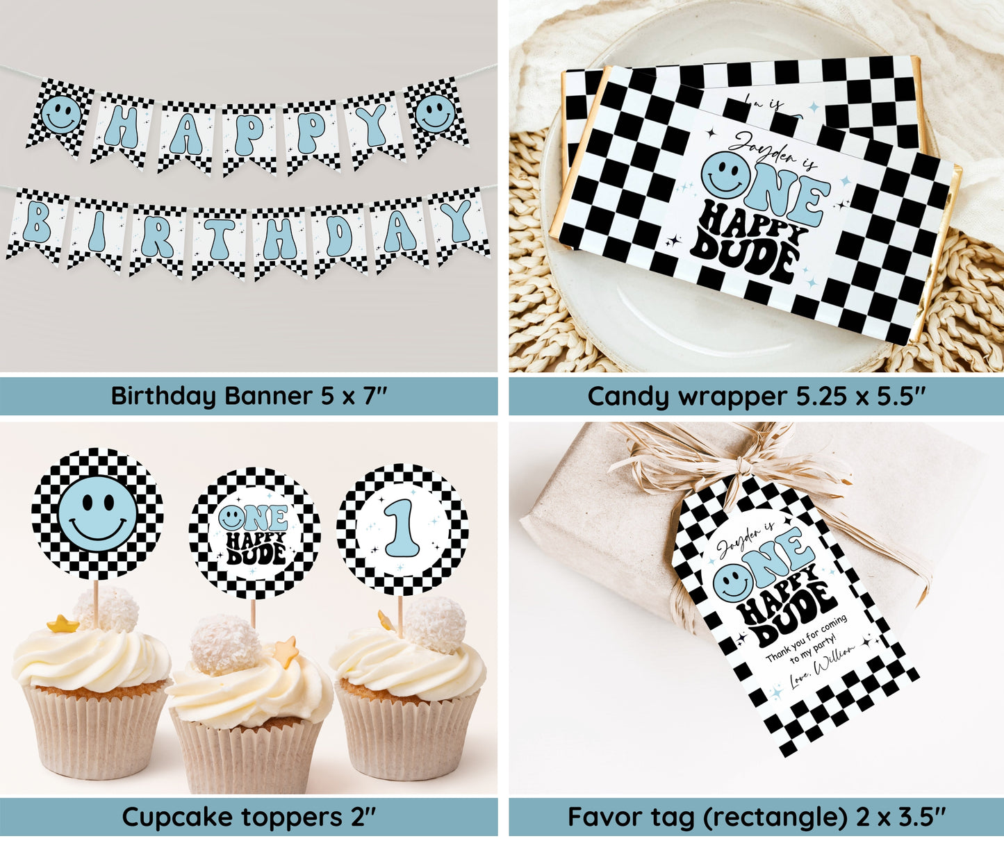 One Happy Dude Birthday Invitation Bundle, Editable Retro One Happy Dude First Birthday Invite Boy, Smiley Face Party Template Blue