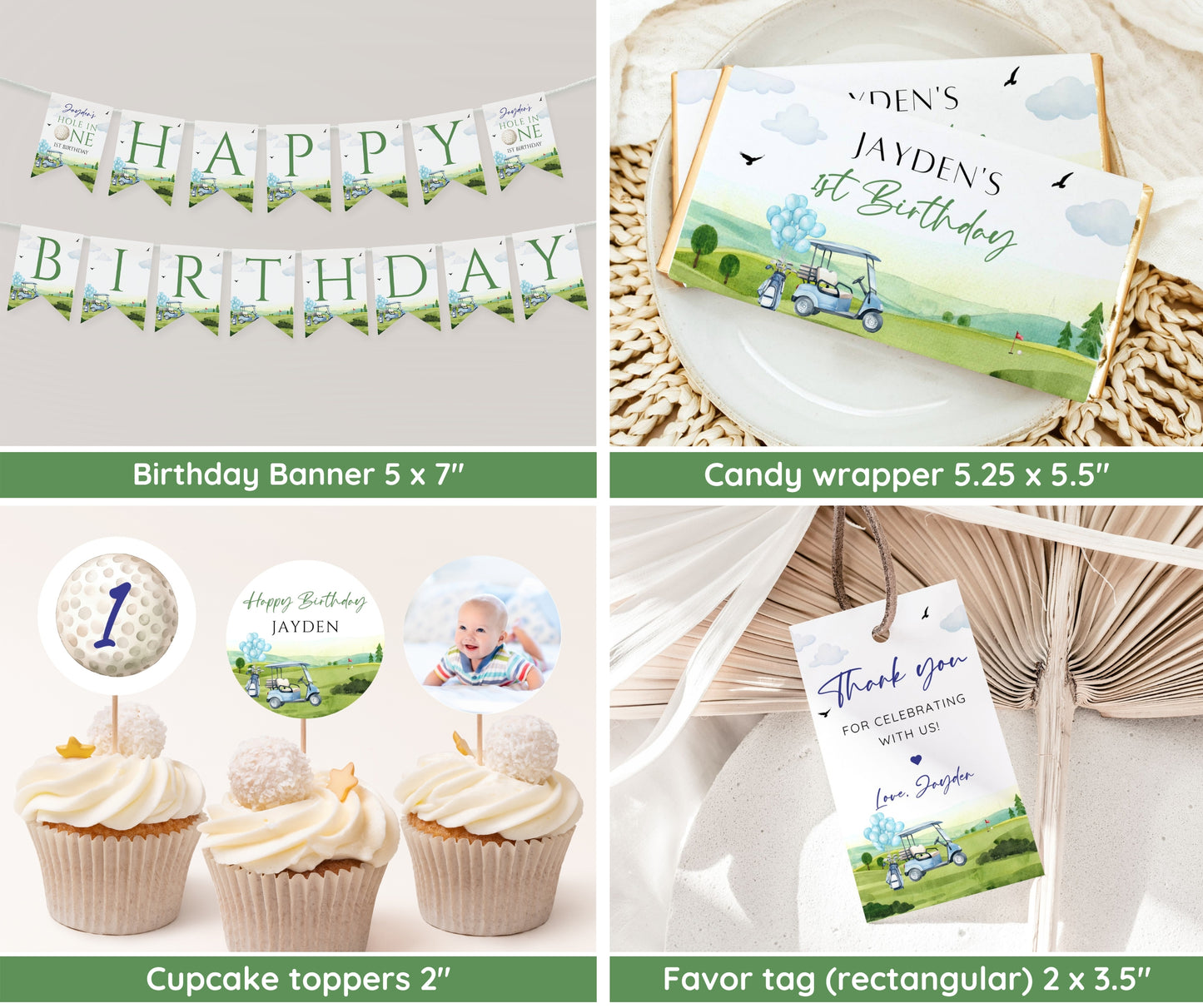 Hole in One First Birthday Invitation Bundle, Golf Par-Tee Invite Set for Boy, Milestone & Welcome Sign, Editable Template, Instant Download