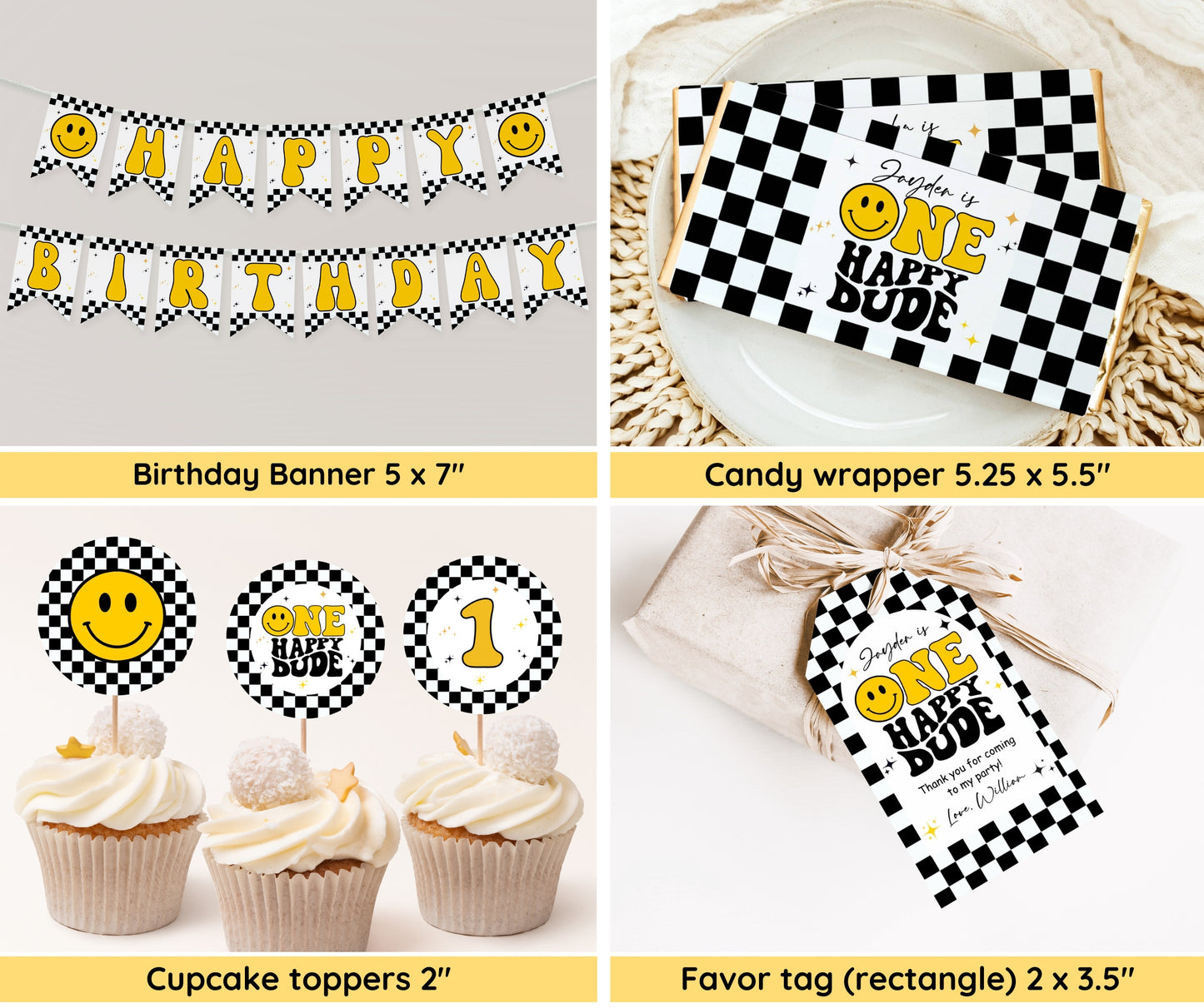 One Happy Dude Birthday Invitation Bundle, Editable Retro One Happy Dude First Birthday Invite Boy, Smiley Face Party Template, Printable