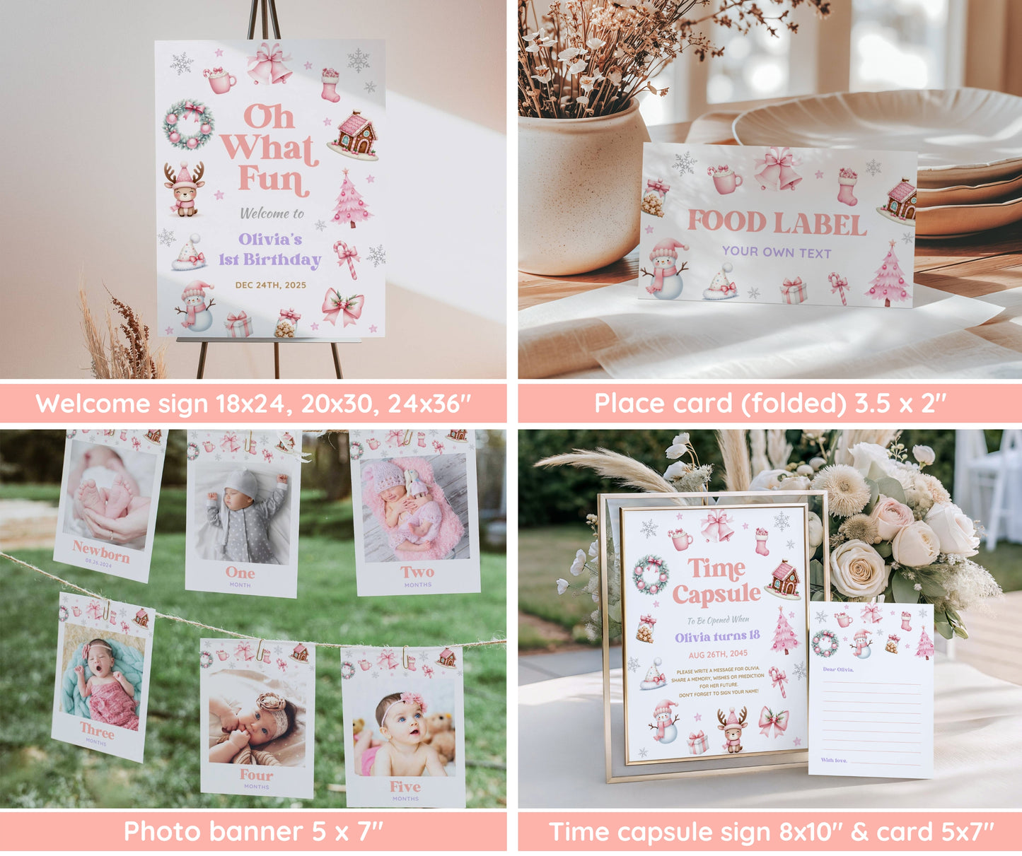Christmas 1st Birthday Bundle, Oh What Fun It Is to Be One, Holiday Winter Girl Birthday Invitation & Decor, Pink December, Editable Template