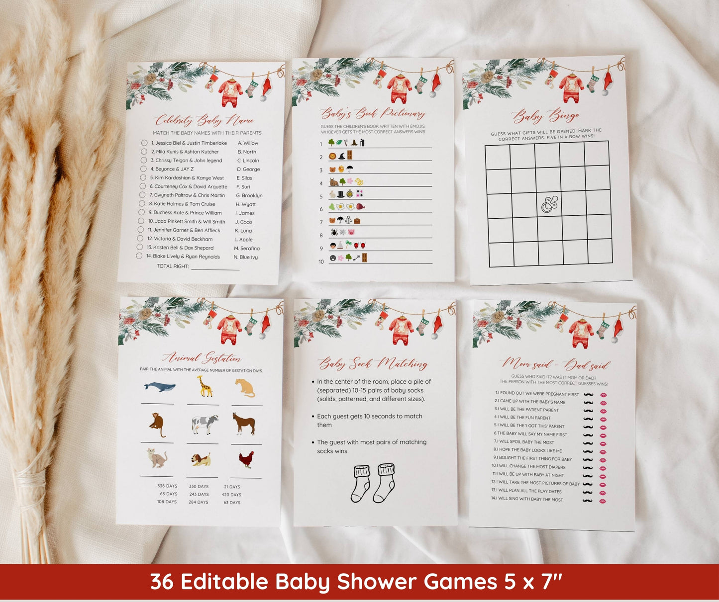 Santa Baby Shower Bundle, Christmas Baby Shower Invitation & Games, Holiday Winter Baby Sprinkle, Gender Neutral, Editable Canva Template