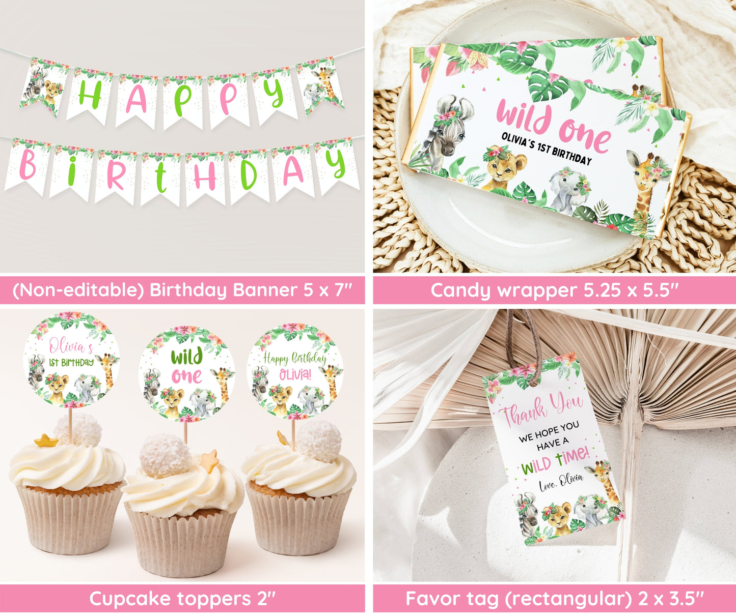 Wild One 1st Birthday Girl Bundle, Wild One Girl Invitation, Safari Wild One Birthday, One Birthday Invite, 1st Birthday Invite for Girl