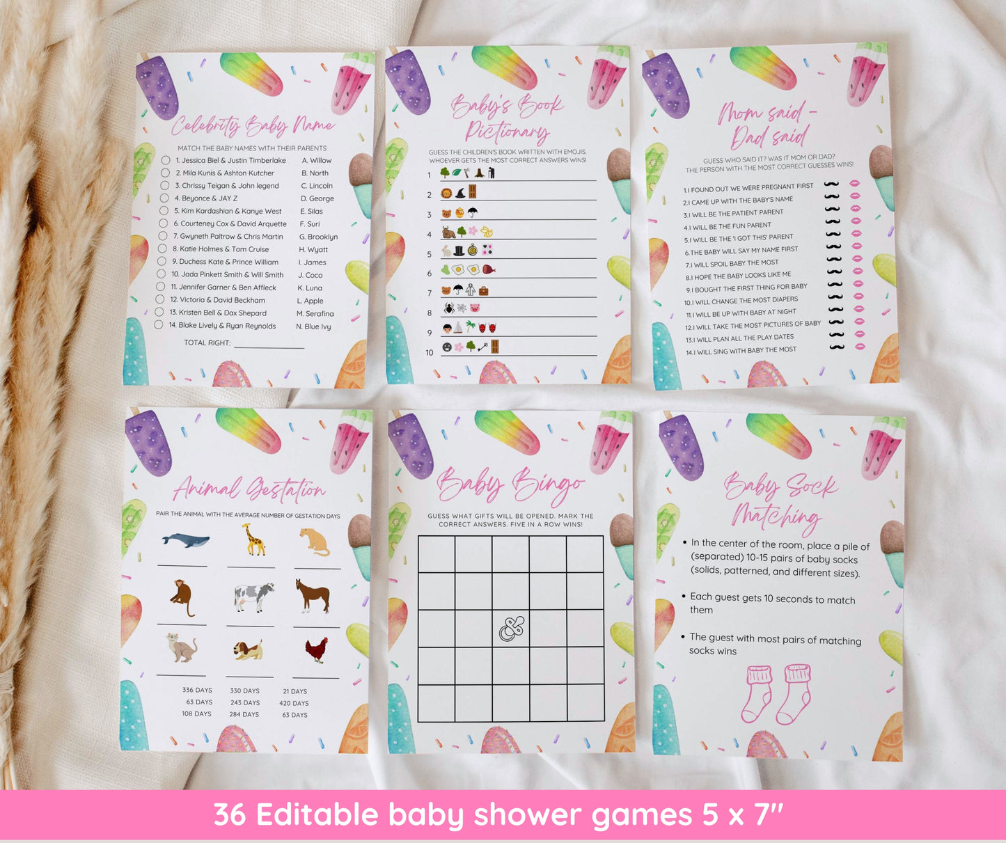 Popsicle Baby Shower Invitation Bundle, She's Ready to Pop Invite & Games, Ice Cream Baby Shower Girl, Editable Canva Template, Printable