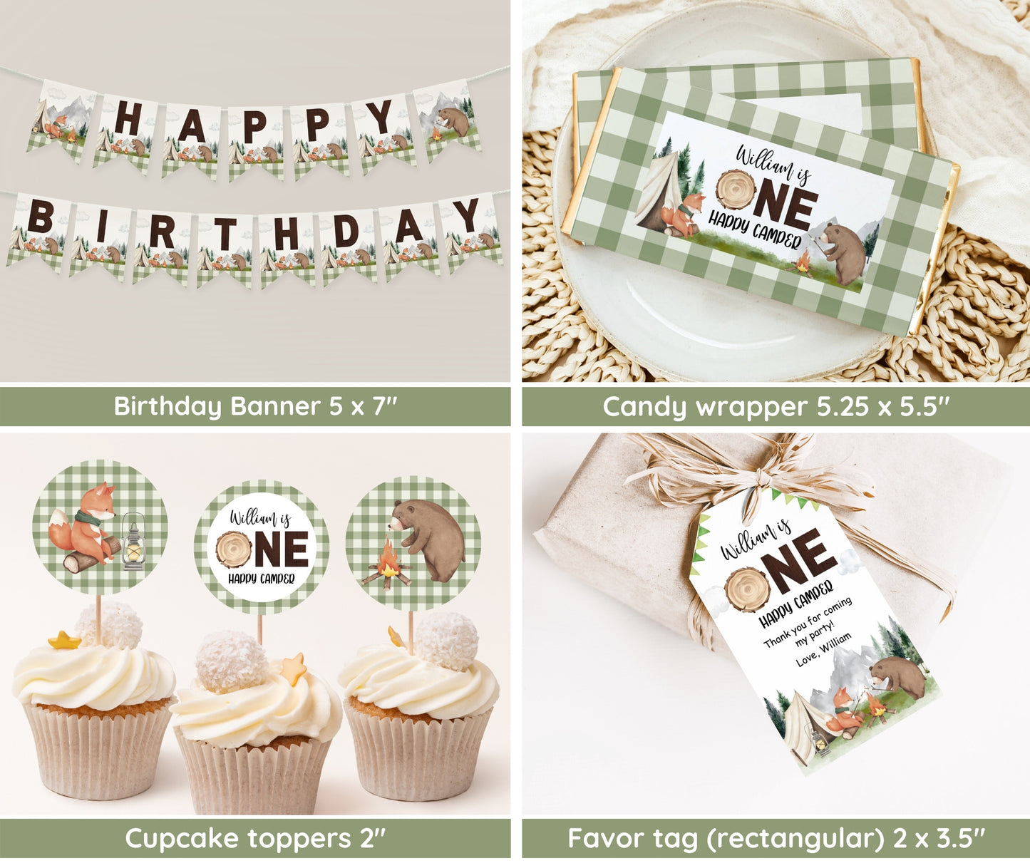 One Happy Camper First Birthday Bundle, Camping Birthday Invitation Template, Camper Party 1st Birthday Boy, Welcome, Milestone, EDITABLE
