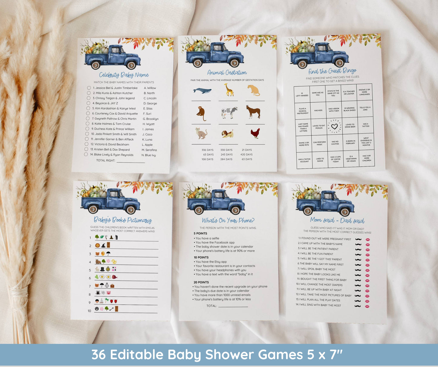 Little Pumpkin Baby Shower Bundle Boy, Blue Truck Fall Baby Shower Invitation & Games, Autumn Baby Sprinkle Decor, Editable Canva Template