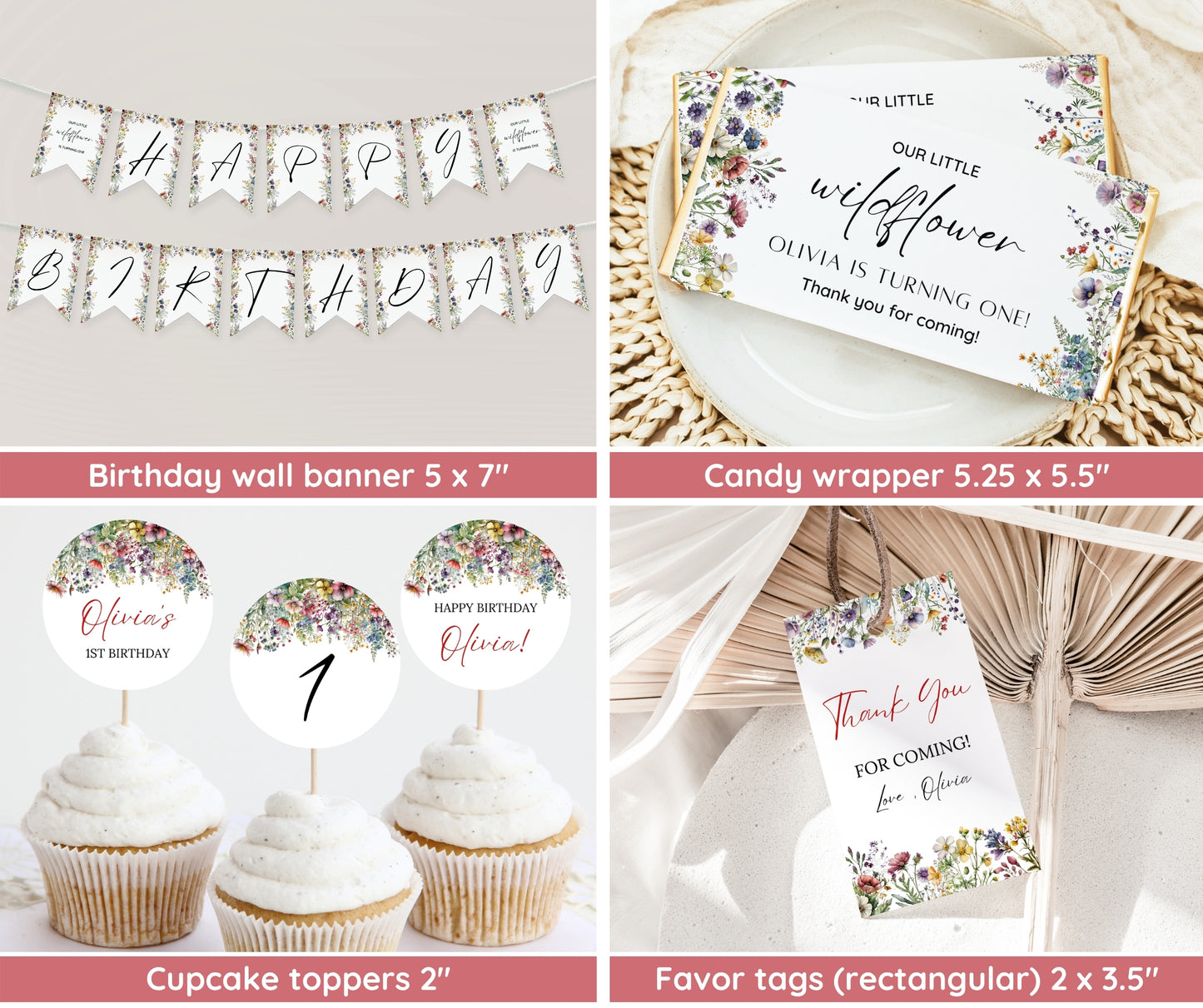 Wildflower Birthday Invitation Bundle, Wildflower First Birthday Invitation, Girl 1st Birthday, First Birthday Decorations, Wildflower