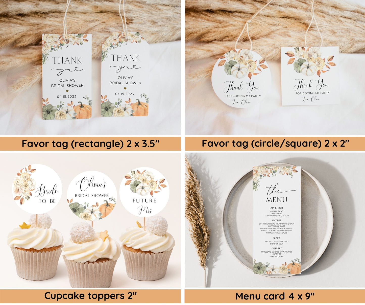 Fall in Love Bridal Shower Bundle, Autumn Bridal Shower Invitation & Games, Floral Pumpkin Wedding Shower Decor, Editable Canva Template