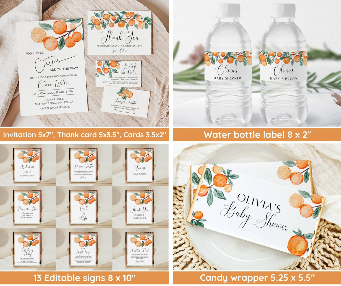Two Little Cuties Baby Shower Invitation Bundle, Orange Theme Twin Baby Shower Invite, Little Cuties Baby Shower Invitation, Editable