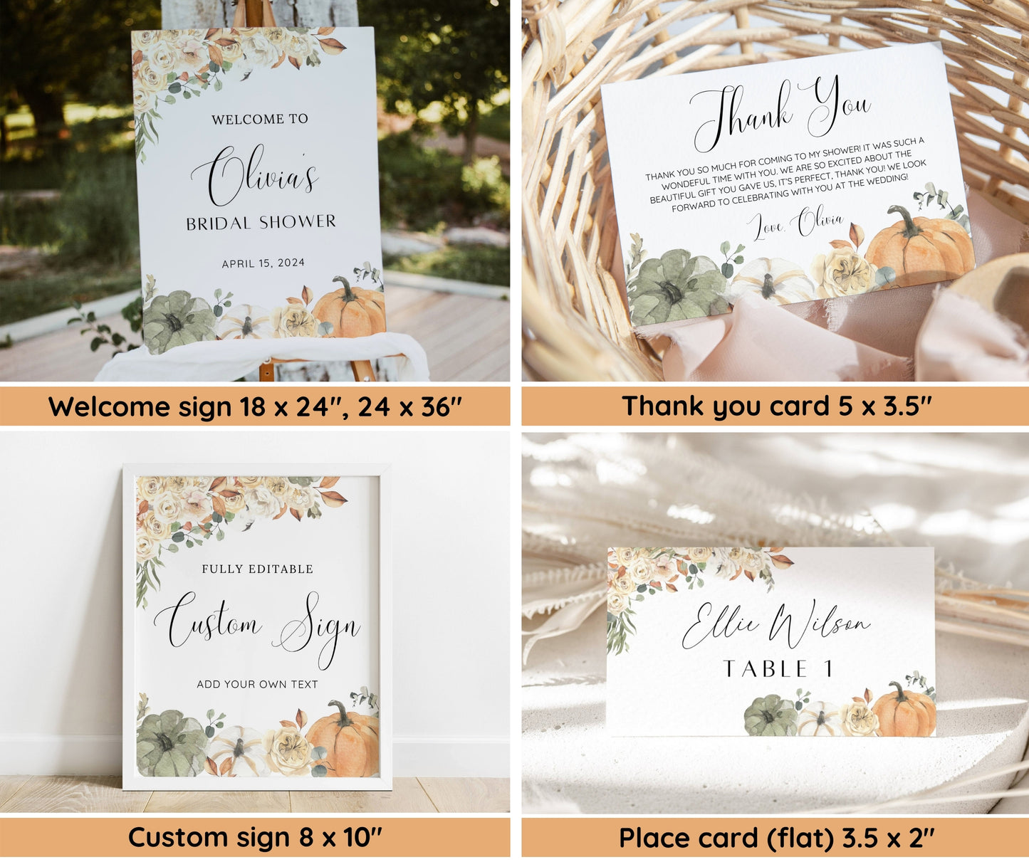 Fall in Love Bridal Shower Bundle, Autumn Bridal Shower Invitation & Games, Floral Pumpkin Wedding Shower Decor, Editable Canva Template