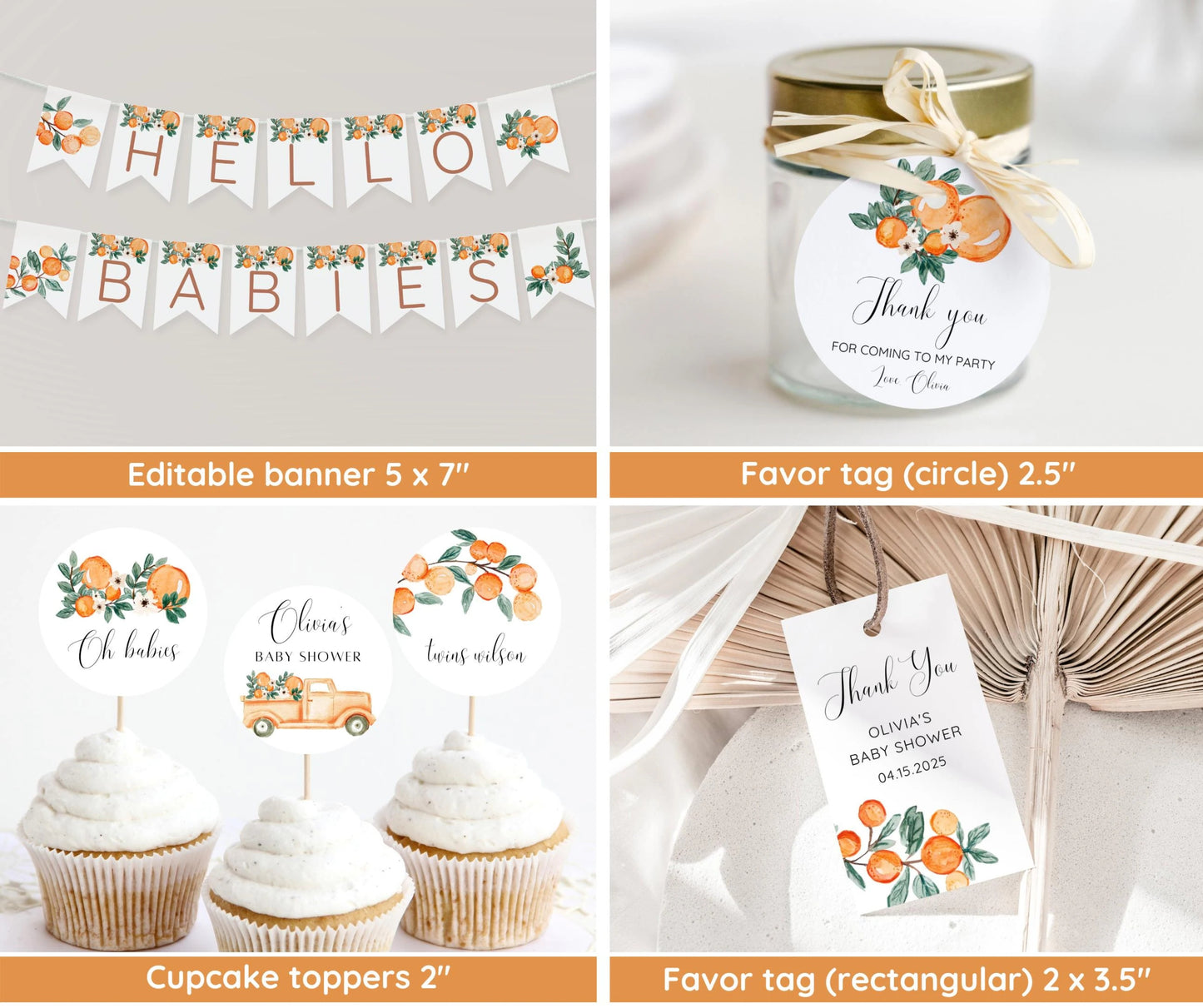 Two Little Cuties Baby Shower Invitation Bundle, Orange Theme Twin Baby Shower Invite, Little Cuties Baby Shower Invitation, Editable